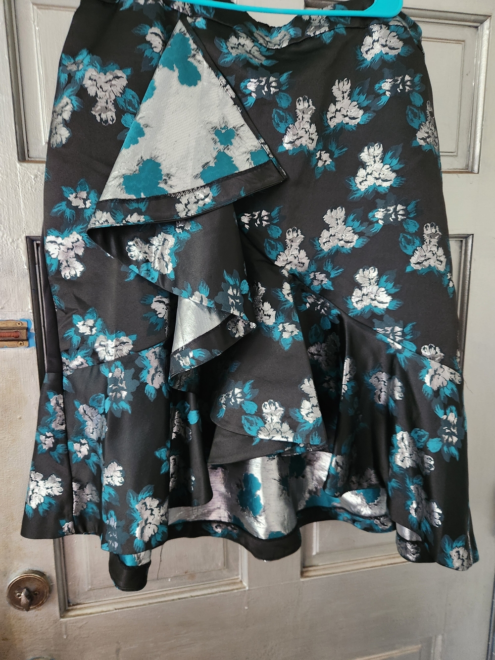 Eloquii Black Floral Asymmetrical Ruffle Skirt with Teal and Silver Accents